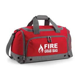 Printed School Evacuation Fire Grab Bag with Flame Logo Graphic - Red Emergency Kit & Documents 30 Litre Holdall Bag