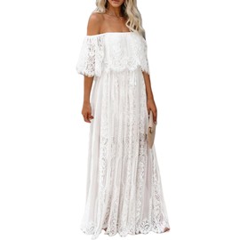 Cercis Womens Off The Shoulder White Floral Lace Maxi Wedding Dress Boho Flowy Brides Bridesmaid Wedding Guest Formal Long Dress