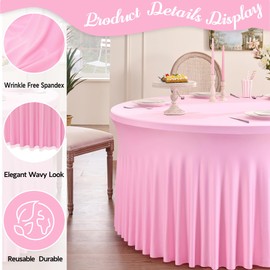 Outpain 6 Pack Spandex Pink Round Tablecloths for 60in Tables, 120Inch Stretchy Fitted 5FT Round Table Clothes,Wrinkle Free Table Cover with Skirt for Wedding Party Dining Banquet