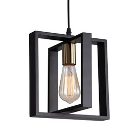Farmhouse Small Pendant Light Fixture,Kitchen Island Hanging Lamp with Cord, Black+Gold Finish, Wood Frame Chandelier for Hallway Entryway Closet Bedroom,9.5 Inch,E26.