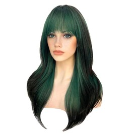 Sallcks Womens Long Layered Green with Black Highlight Wigs with Bangs Heat Resistant Synthetic Fibre Wigs