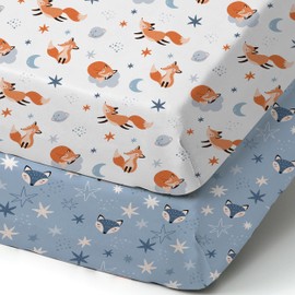 BROLEX 2 Pack Mini Crib Sheets, Stretchy Portable Fitted Playard Sheet Set, Convertible Playard Mattress Cover, Ultra Soft Breathable Polyester Material, Starry Fox