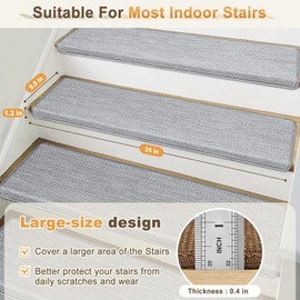 SMILOOL Bullnose Carpet Stair Treads Non Slip for Wooden Steps Indoor, 9.5" x 35" 14 Pieces, Extra Wide Bull Nose Carpet Runners for Wood Stairs, Step Covers, Stair Tread Rugs, Washable, Light Grey