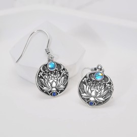 PROESS Lotus Evil Eye Earrings 925 Sterling Silver Abalone Shell Moonstone Lotus Flower Dangle Earrings Spiritual Protection Jewellery Gifts for Women Girls, Sterling Silver, No Gemstone