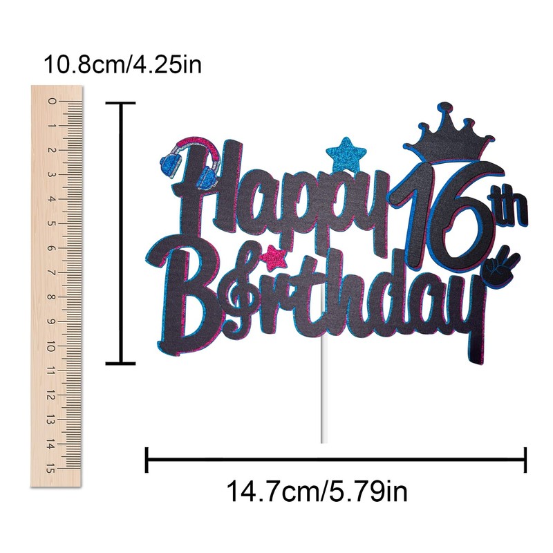 Decoración para tarta de música de 16 cumpleaños con purpurina,