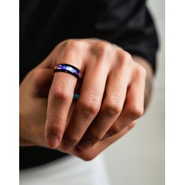 Edulex Black Tungsten Ring for Men Women, 4mm Rhodium Plated Blue Nebula Galaxy Fragments Created Opal Inlay Promise Engagement Wedding Band Jewelry Gifts Size 7