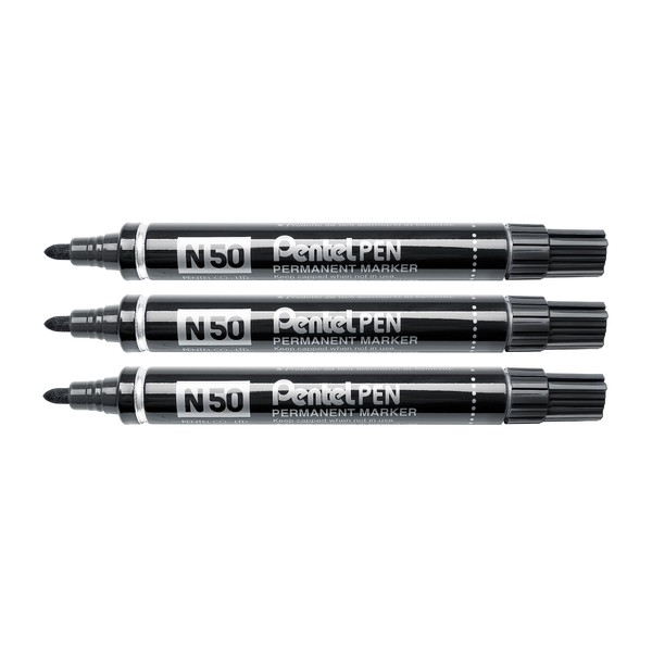 Pentel N50 Permanent Marker Conical Tip Black Pack of 3