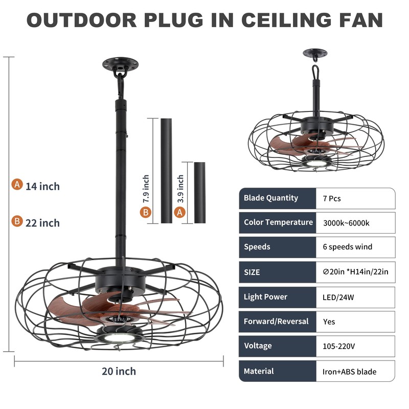 20" Outdoor Ceiling Fan with Light, With Remote and App