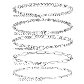 JEXOWIQ armband silber - 5 Pcs Ketten Armbander für Damen 14 Karat Vergoldet Armkette Damen Twist Figaro Kettenarmbänder Verstellbar Modeschmuck Armbander Set Silber Armbander