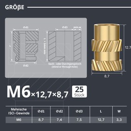 Dayalo M6 Threaded Insert, Pack of 25, M6 x 12.7 x 8.7 Insertion Nuts for 3D Printing Accessories, Brass Threaded Sockets, Can be Used by Heat in 3D Printing Plastic Parts