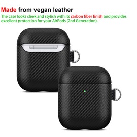LOPIE Carbon Fiber Texture Case for AirPods 2nd Generation with Cleaner Kit - Vegan Leather Case Cover for AirPods 2nd / 1st Gen (2019/2016), Protective Hard Shell with Keychain & Lanyard - Black