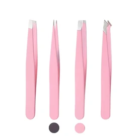 Set of 4 eyebrow tweezers, flat, slanted, pointed and hooked 4 tweezers for eyebrow trimming, professional stainless steel tweezers for eyebrow trimming, blackhead trimming, beard trimming and more
