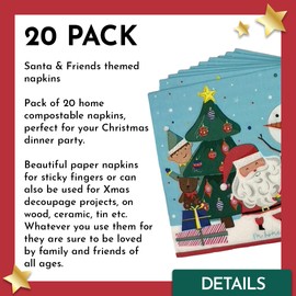 Santa & Friends Napkins - Pack of 20 Festive, Triple Layer, Compostable, Square Tissue Serviettes for Christmas Dinners, Xmas Parties & Events