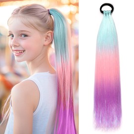 Rainbow Ponytail Extensions With Hair Tie 1 Packs 80g/Pack Coloured Hair Extensions for Braiding 18 inch Colorful Ombre Mermaid Pony Tail Synthetic Hair Extensions for Girl Women XX32
