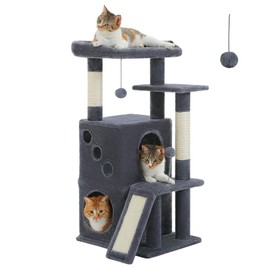 PETEPELA Cat Tree for Indoor Cats, 34.6" Small Cat Tower with Scratching Posts, 2 Condos, Scratching Ramp & Dangling Toys, Cat Play House for Kittens and Small Cats, Dark Grey