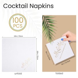 Wedding Napkins Disposable 100 PCS, Gold Foil Mr and Mrs Paper Cocktail Napkins for Wedding Dinner Party, 3-Ply, White