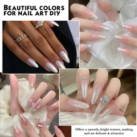 Wugbc 2 Jars Chrome Nail Powder and Rhinestone Glue Gel Kit, White Pearl & Red Pearl Iridescent Aurora Powder, Metallic Mirror Effect Magic Mermaid Glitter Dust, Nail Charms 3D Nail Gel for Nails Art