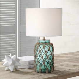 360 Lighting Crosby Coastal Natural Cottage Accent 3-Way Table Lamp with Table Top Dimmer 22.5" High Blue Green Glass Rope Netting Off White Fabric Drum Shade for Living Room Bedroom