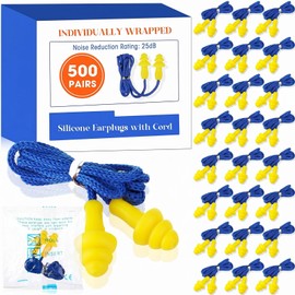500 Pairs Corded Ear Plugs Bulk 25dB NRR with String,Blue Yellow