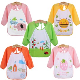 WeiterVor Pack of 5 Waterproof Baby Bibs Long Sleeve Bibs with Catch Protection 1-3 Years (Girls Pack of 5)
