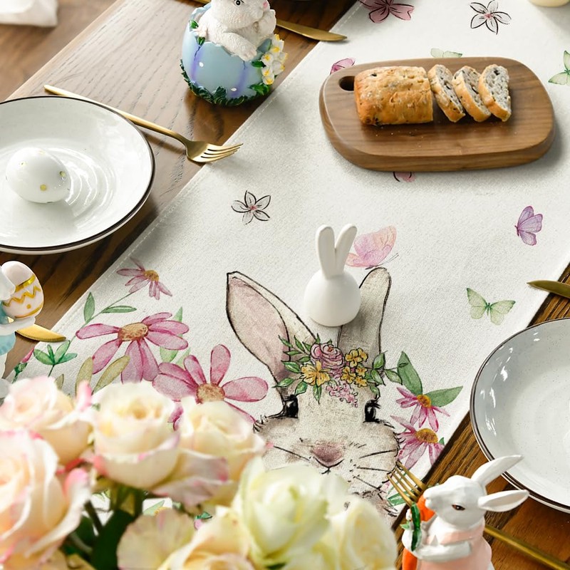 Artoid Mode Flowers Leaves Rabbit Butterflies Easter Table Runner, Seasonal