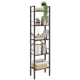 Tajsoon 5 Tier Ladder Bookshelf Industrial Ladder Shelf, Narrow Tall Skinny Shelf with Metal Frame, Multipurpose Standing Book Shelf for Bedroom, Living Room, Kitchen and Home Office, Rustic Brown