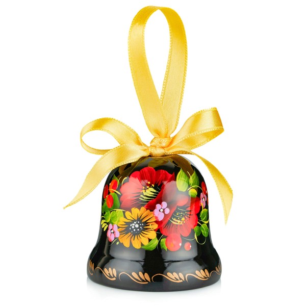 Ukrainian Souvenir Hand Painted Lacquered Wooden Decorative Bell with Ethnic Petrykivka Floral Painting, a Nice Home Decor Accent Item in a Gift Box for Women, Hanging or Desktop (Red and Yellow)