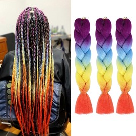 Ombre Braiding Hair Extensions 3 Pack/24 Inch Color Braiding Hair Fiber Crochet Hair for Box Braids Senegal Twist Hair Extensions for Women and Girls(24 Inch, Rainbow)