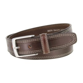 Men's Double White Stitching Smooth Genuine Leather Dress Belt 1-3/8" (32, Brown)