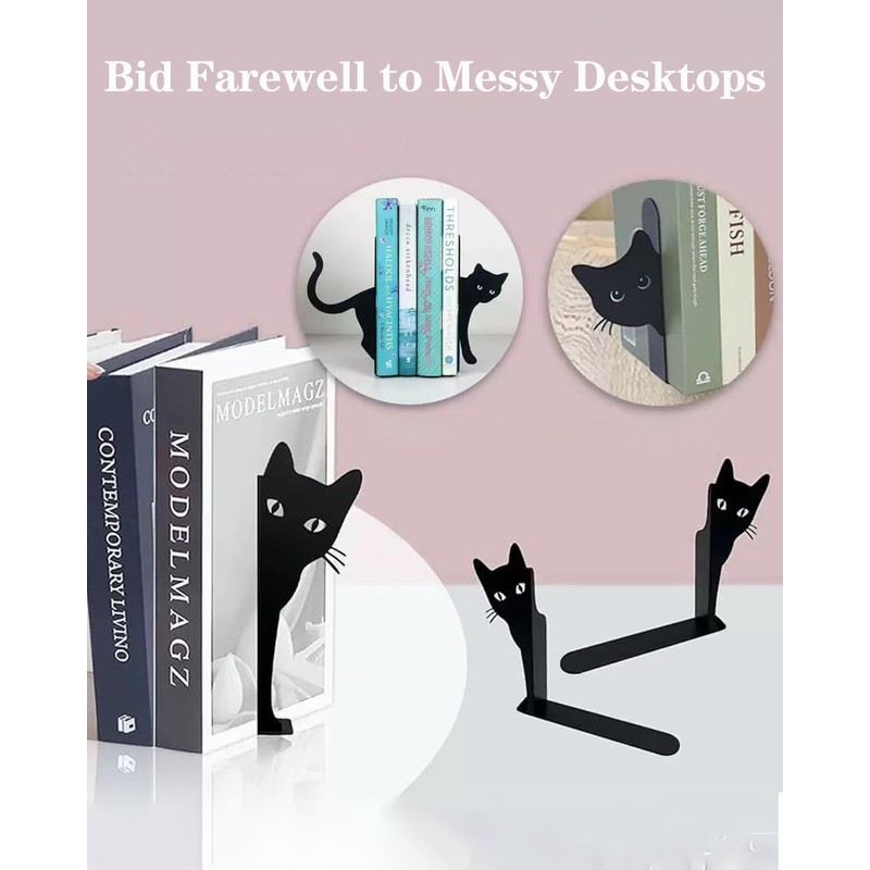 Metal Cat Bookends, 1 Pair Cute Cat Bookends for Shelves