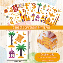 Whaline Ramadan Mubarak Window Clings Eid Mubarak Window Decals Cartoon Muslim Castle Camel Adhesive PVC Stickers for Home Office Window Glass Mirror Decoration Supplies, 9 Sheet