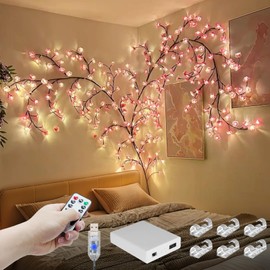 FNHMSL Cherry Enchanted Willow Vine Lights, 7.55FT 144LED 2PCS Pink Cherry Blossom Tree Branch Lights for Wall, Remote Timer,8 Light Model,Bedroom Wall Doors Wedding, Christmas, USB Battery Box