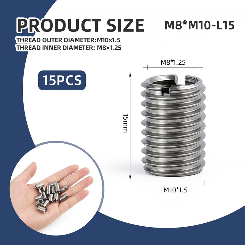 15 Pieces Threaded Insert M10 to M8.15 mm, Stainless Steel