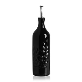 Sweejar Large Ceramic Olive Oil Dispenser Bottle, 24 Oz Relief Opaque Oil Cruet Protects Oil To Reduce Oxidation, Storage Vinegar, Soy Sauce, Coffee Syrup, Liquids, Pack of 1 (Black)