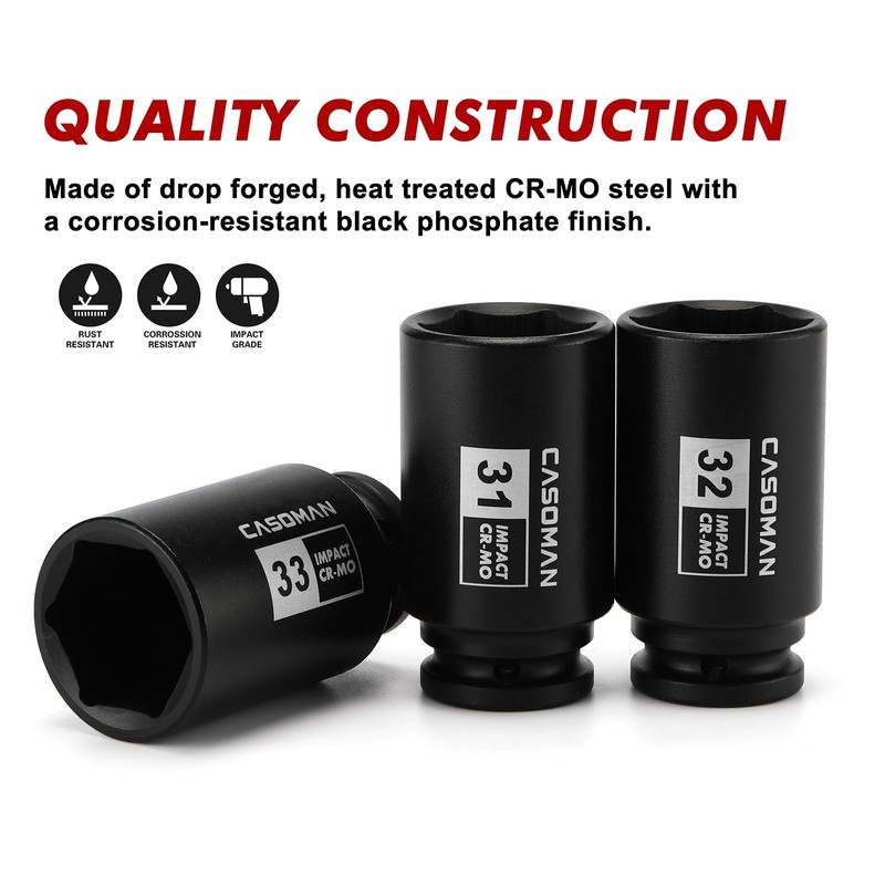 CASOMAN large socket set 1/2- Inch Drive Deep Spindle Axle