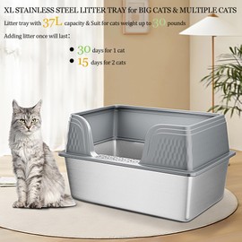 Vealind XXL Stainless Steel Cat Litter Box High Sided with Lid 23.7" L x 16" W x 14" H Anti Leakage Extra Large Metal Cat Litter Tray with Scoop and Mat for Big Cats (Grey)