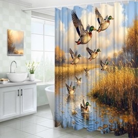 YOZSLGU Hunting Flying Wild Ducks Shower Curtain Wild Animals Rustic Farmhouse Fabric Bathroom Decor Curtains with Hooks, 70" Wx70 H