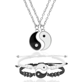 4 Pieces Enamel Yin Yang Pendant Necklace Couples Bracelet Jewelry Sets for Women Adjustable Cord Bracelets Necklaces for 2 Matching Friend Valentines Gift for BFF Friendship