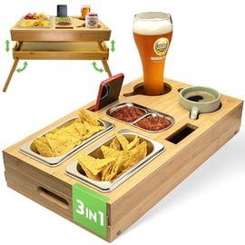 naturlik 3-in-1 Couchbar Snackbox mit klappbaren Beinen – XL Serviertablett, Betttablett und Laptop-Tisch – 3 Edelstahl-Schalen & Getränkehalter – Bambus Sofatablett & Couch Butler Holz 46x27,5cm