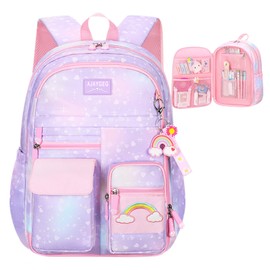 IHZZ Kawaii Backpack, Pink Backpack for Girls, Kid Starry Rainbow Bookbag, Cute Backpack for Kids, Aesthetic Backpack, Purple