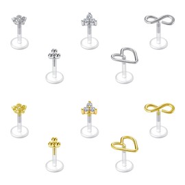 Briana Williams Lip Piercing Bioflex Flexible Labret Stud Tragus Helix Zirconia Piercing 1.2 mm Pack of 10, stainless steel