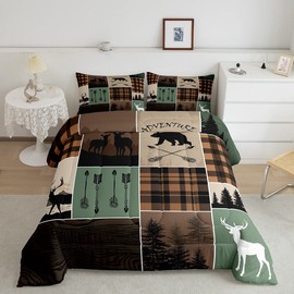 Erosebridal Farmhouse Retro Rustic Quilt Full Size, Country Bear Deer Comforter Set Hunting Wild Animal Duvet Insert Plaid Arrows Adventure Patchwork Bedding Set with 2 Pillow Cases, Brown Green