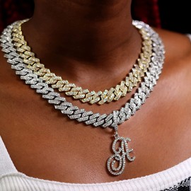 PTJDSMF Gold Silver Plated Initial Cuban Link Chain Necklace for Women Cursive Letter Gold Miami cuban link chain Iced out chain with pendant for women (Silver, A)