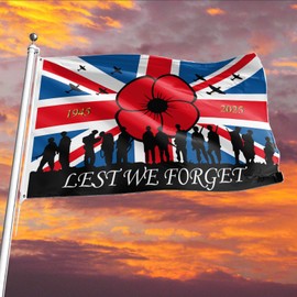 3x5 FT Lest We Forget Flag for 80th VE Day Decorations, Vivid Color Remembrance Day Poppy Flag with Eyelets for War Heroes Outdoor Indoor Decor（Single-sided Printing）