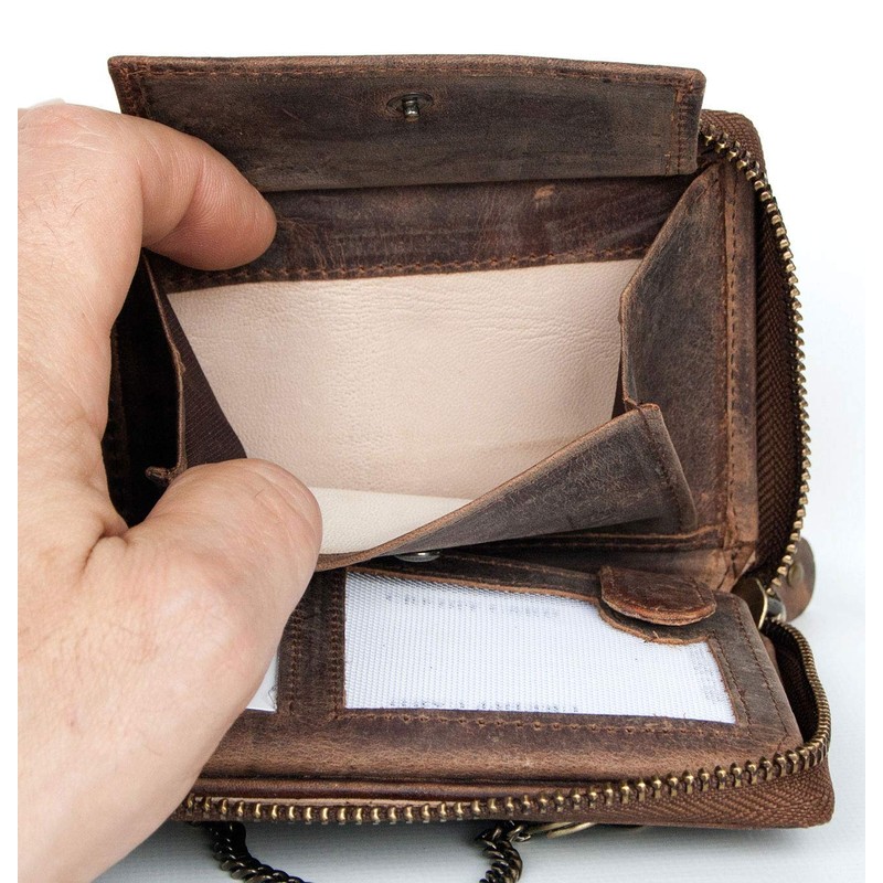 Men's Natural Genuine Leather Wallet with Metal Zipper Around with
