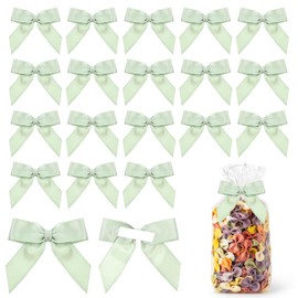 Heclia Sage Green Bows 50 PCS Self Adhesive Pre-Tie Satin Ribbon Twist Tie Bows with Double-Sided Tape for Gift Wrapping Premade Bow for Crafts Birthday Party Favors Wedding Baby Shower Decorations