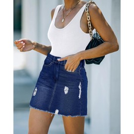 Necooer Womens Mini Pencil Denim Skirt Washed Frayed Stretchy Mid Waisted Fashion Ripped Short Bodycon Jean Skirts for Women (Medium,A-Dark Blue)