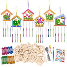 OOTSR 12 Pack Spring Wind Chime Kit for Kids, Wooden House Windchime Set DIY, Wind Chimes for Girls Boys, Wooden Art and Craft for Garden Indoor Outdoor Spring Decoration