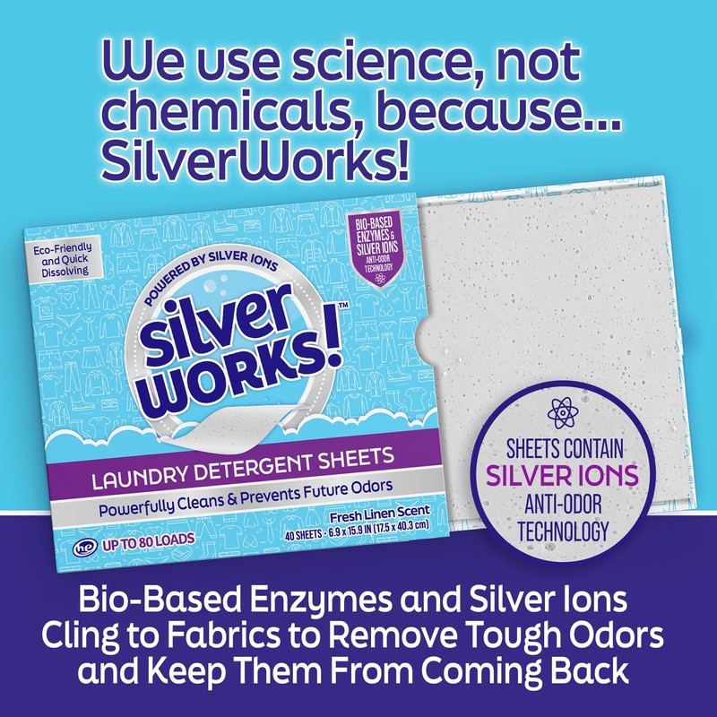 SilverWorks! Premium Laundry Detergent Sheets - Silver Ion Odor Elimination