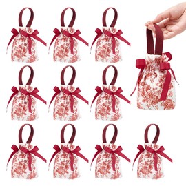 NBEADS 10 Pcs Floral Gift Bags with Handles, Flower Drawstring Bags Tea Party Favor Bags Canvas Small Candy Bag for Wedding Birthday Bridal Shower Tea Party, FireBrick, 17.5x13.5cm